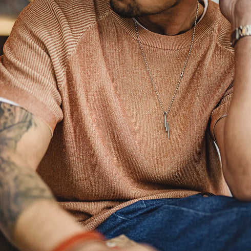 Vintage Orange Knit T-Shirt – Men’s Loose Fit Summer Street Tee
